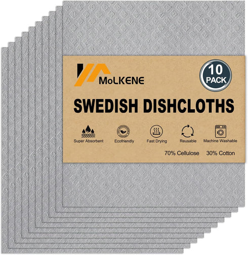 Swedish Dishcloths for Kitchen, 10 Pack Absorbent Cellulose Sponge Cloths, Washable Non-Scratch Quick Drying Rag