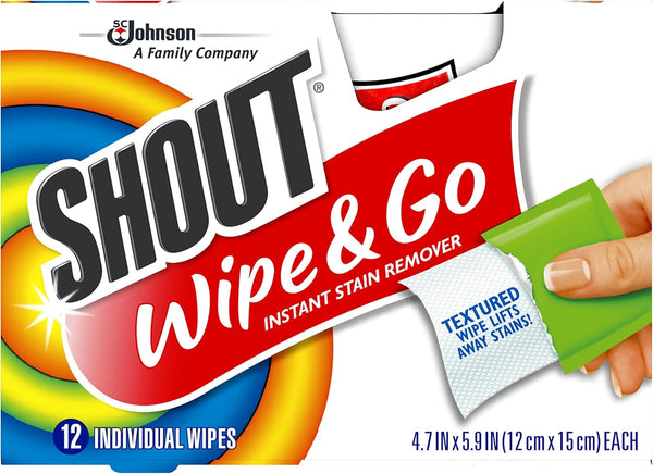 Shout Wipe and Go Instant Stain Remover, On-The-Go Laundry Stains, 12 Count Pack of 12 (144 Total Wipes)