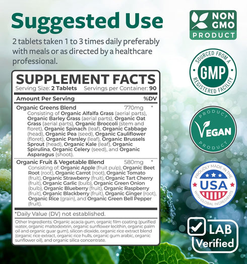 USDA Organic Greens Powder (180 Tablets) Complete Superfood Supplement with 28 Fruits & Vegetables for Energy & Immune