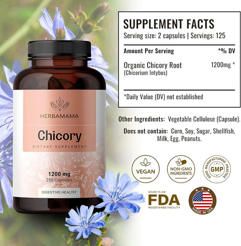 HERBAMAMA Organic Chicory Root Supplement - Support Digestion, Gut Health & Liver w/Inulin, a Prebiotic Fiber Supplement - Brain & Immunity Support - Non-GMO 250 Capsules