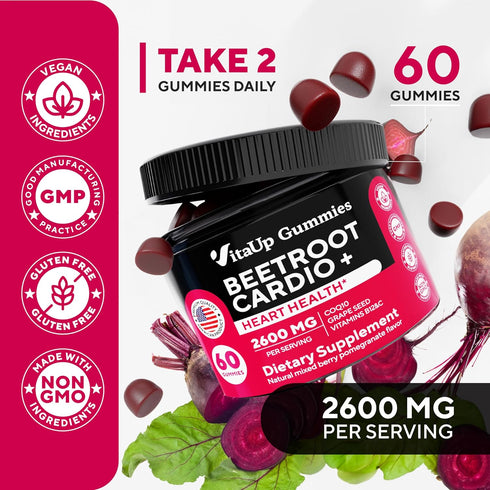Cardio Beet Gummies 2600mg - Nitric Oxide Gummies with Beet Root, Grape Seed Extract, CoQ10, Vitamin C & B12, 60 Count