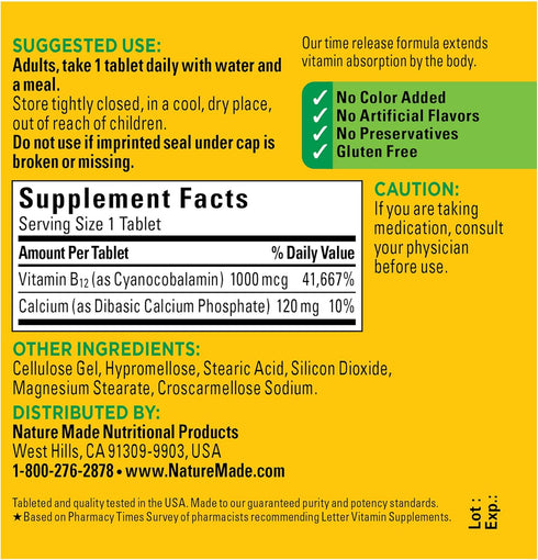 Nature Made Vitamin B12 1000 mcg, Dietary Supplement For Energy Metabolism Support, 75 Time Release Tablets, 75 Day