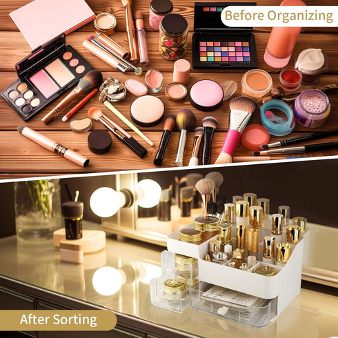 Makeup Organizer and Storage, Large Capacity Cosmetic Display Case with Drawer for Skincare, Brushes, Lipstick