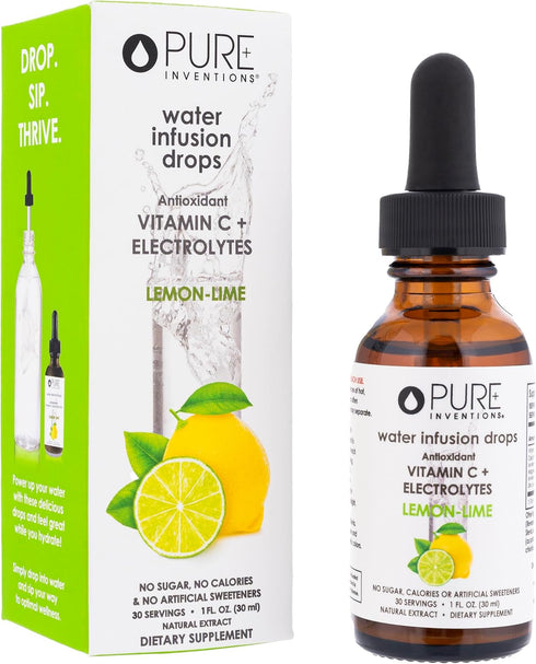 Pure Inventions Antioxidant Vitamin C + Electrolytes - Lemon Lime Flavored Water Infusion Drops - No Sugar, Calories,