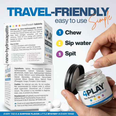 SELFWISE 4 Travel Size Mouthwash Tablets with Nano-Hydroxyapatite, Alcohol & Fluoride Free Natural Oral Care, Whitening