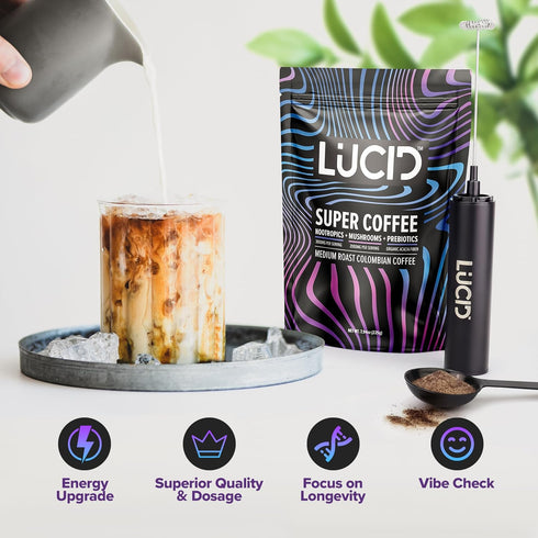 Lucid Superfood Organic Mushroom Coffee with Nootropics - Lion's Mane, Tremella, Cordyceps & Turkey Tail - Instant