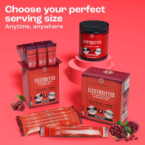 KEY NUTRIENTS Multivitamin Electrolytes Powder, Sweet Cherry Pom, No Sugar, 90 Servings