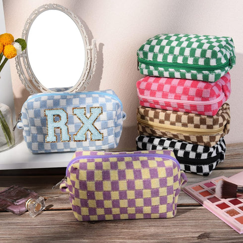 6 Pcs Checkered Makeup Bag - Preppy Cosmetic Bag Bulk, Pink Black Makeup Pouch, Personalize Travel Toiletry Organizer
