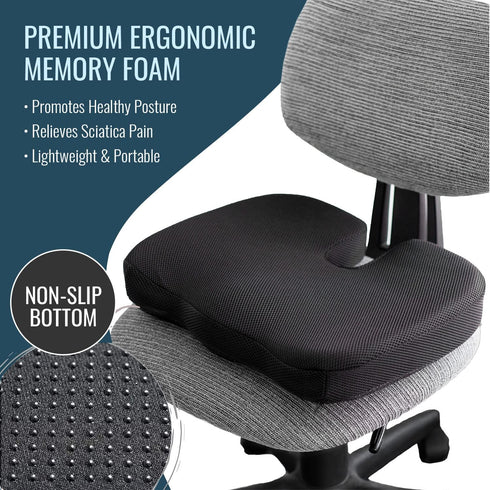 Tailbone DMI Memory Foam Seat Support Cushion | Coccyx, Sciatica, & Pain Relief | Multi-Use Ergonomic Seat Cushion