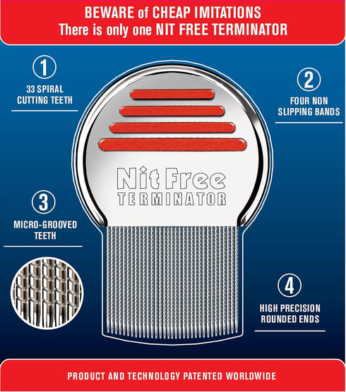 Nit Free Terminator Lice Comb - Professional Stainless Steel for Effective Head Lice Treatment (Pack of 1, Color May