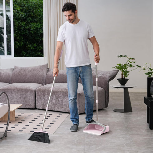 Broom and Dustpan Set, Outdoor Broom with Dustpan for Home Commercial Cleaning, Long Handle