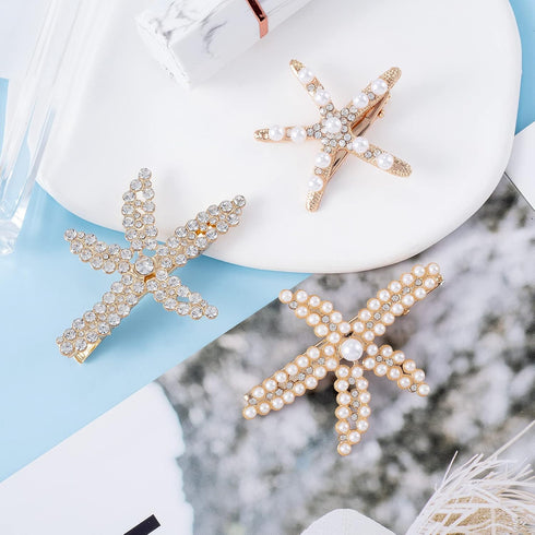 PAGOW 3 PCS Starfish Hair Clips - Gold Rhinestone Pearls Crystal Hair Accessories for Women