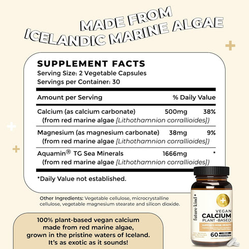 Future Kind Vegan Calcium Supplement, 60 Capsules - Plant-Based Calcium Magnesium for Teeth and Bone Support