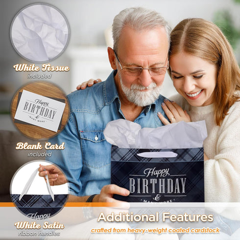 Christian Art Gifts Large Landscape Gift Bag Set with Card & Tissue Paper - Black & Navy Blue Plaid, Happy Birthday