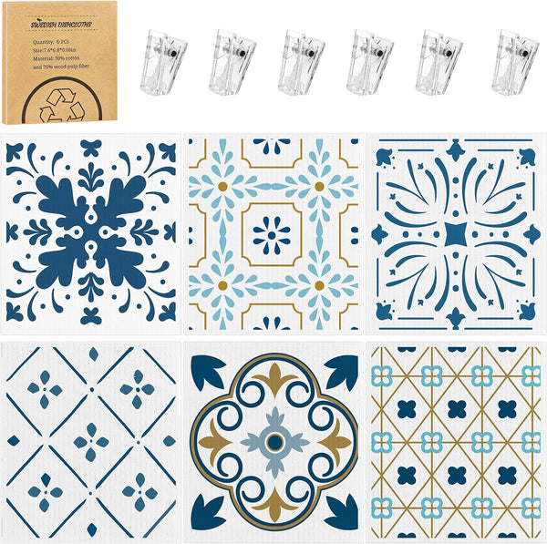 6 Pack Swedish Dishcloths for Kitchen, Reusable Paper Towels with Clips, Absorbent Dish Cloths for Home Cleaning
