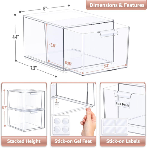 Sorbus Clear Makeup Organizer - Stackable Acrylic Drawer Organizer for Vanity, Bathroom, and Office Storage