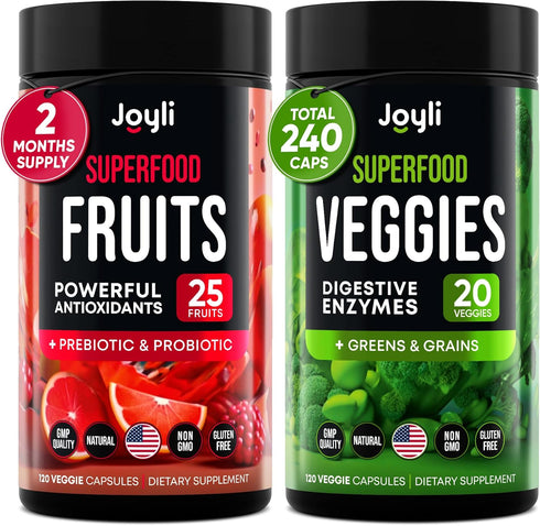 Fruits and Veggies Supplement - High Fiber for Immunity, Gut & Energy - Super Reds & Greens with Marshmallow Root - 240