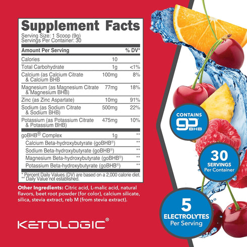 Ketologic Keto Electrolyte Powder, Tropical Punch, 30 Servings - Sugar-Free Hydration Drink Mix