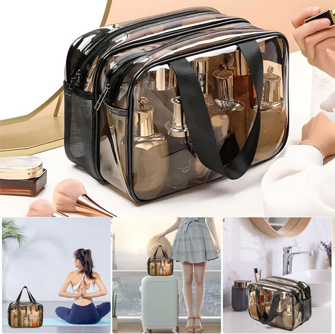 WEISIPU Large Waterproof Clear Travel Bag, Transparent Makeup Bag with Double Zipper - Stylish Black Trim