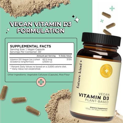 Future Kind Vegan Vitamin D3-2500 IU Plant-Based Supplement - Sugar-Free Lichen-Based for Cell & Immune Support (30