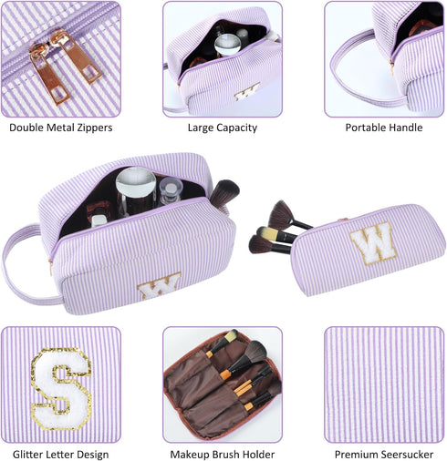 2pcs Personalized Initial Makeup Bag A-Z, Monogram Travel Toiletry Bag for Women & Teen Girls, Purple, E