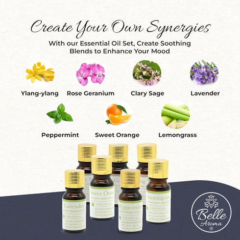 Set 7-Pack 10ml Belle Aroma Organic Aromatherapy Essential Oils for Diffusers, Home and Relaxation Ylang Ylang