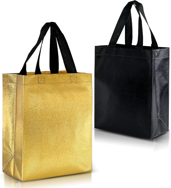 Nush Nush Black & Gold Gift Bags, Medium Size Set of 12 Reusable Bags for Birthday, Anniversary, Graduation