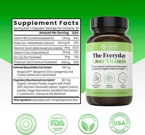Zen Nutrients The Everyday Liver Vitamin - Liver Cleanse Detox & Repair with Organic Milk Thistle, 30 Servings