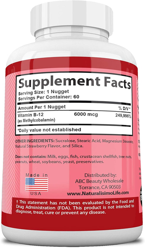 Vitamin B12 6,000 mcg Maximum Strength Fast Acting Formula Strawberry Flavor Nuggets Promotes Energy Production Supports The Nervous System 60 Nuggets Once a Day