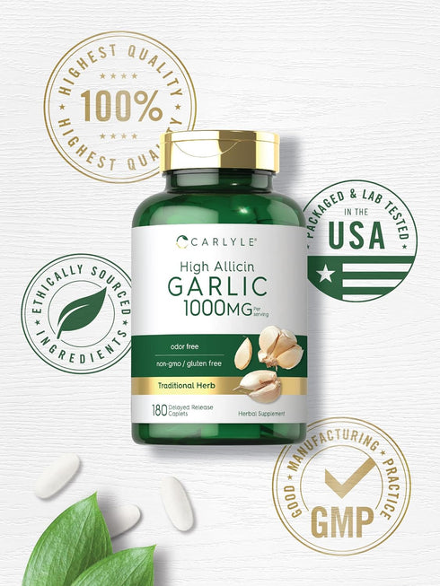 Carlyle Garlic Supplement with High Allicin, 180 Odorless Vegetarian Caplets, Non-GMO, Gluten Free