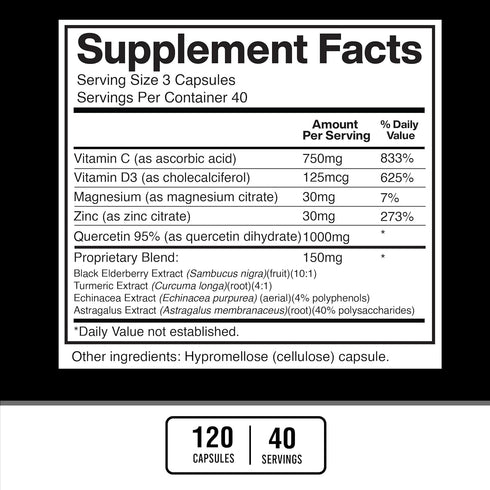 American Standard Supplements Quercetin 1000mg - 120 Capsules with Zinc, Vitamin C, D3, Magnesium & Elderberry, Gluten
