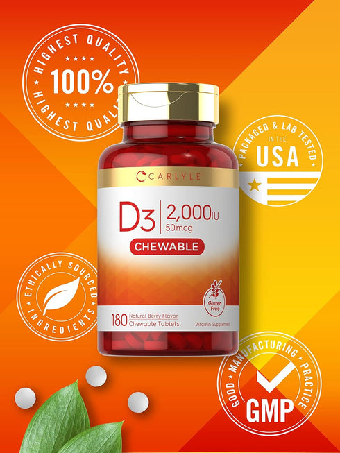 Carlyle Chewable Vitamin D3 2000 IU (50mcg) Tablets | 180 Count | Vegetarian, Non-GMO, Gluten Free, Berry Flavor