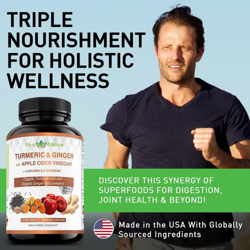 120 Capsules USDA Organic Turmeric Root Powder, Ginger Powder, Apple Cider Vinegar Powder with Curcumin, 1410 mg