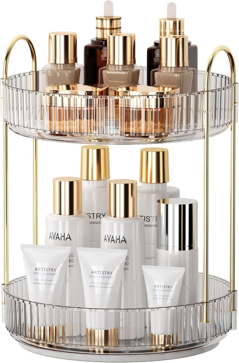 YCIA&DONE 360 Rotating Makeup Organizer - High Capacity 2 Tiers Cosmetic Skincare Perfume Organizer (Clear White)