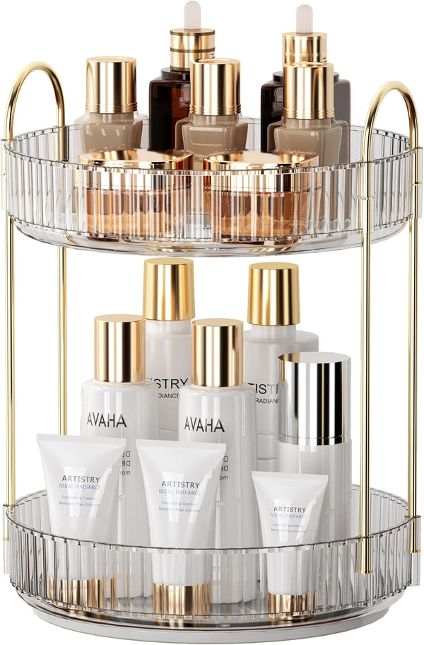 YCIA&DONE 360 Rotating Makeup Organizer - High Capacity 2 Tiers Cosmetic Skincare Perfume Organizer (Clear White)