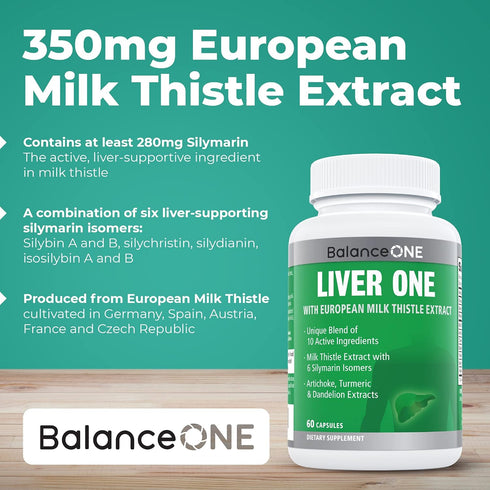 Balance ONE Liver Support Supplement with Milk Thistle Extract, Dandelion Root & Molybdenum, Vegan Capsules, 1 Month