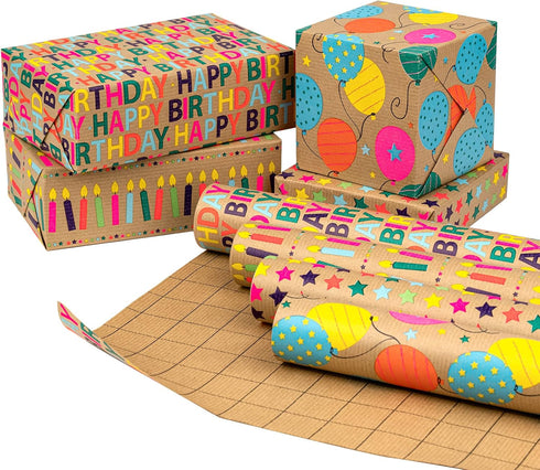 RUSPEPA Mini Kraft Wrapping Paper Rolls, 4 Rolls, 17 inches x 10 feet per Roll, Colorful Birthday Gift Wrap