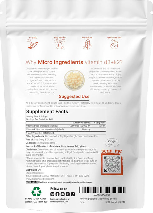 Micro Ingredients Vitamin D3 50,000 IU Plus K2 (MK-7) 200 mcg - 240 Virgin Coconut Oil Softgels, 2 in 1 Vitamins D & K