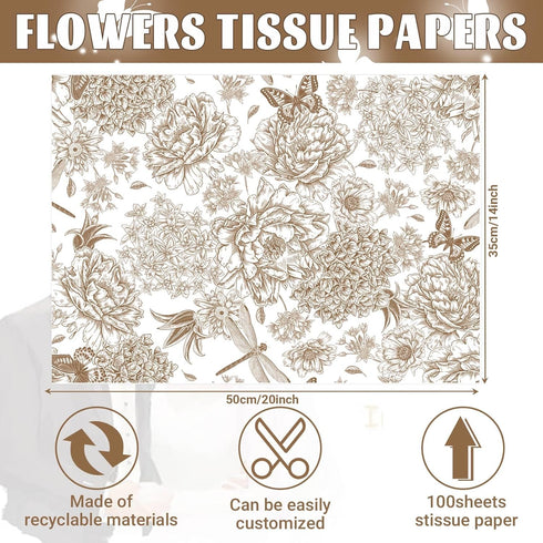 Bolsome 100 Sheets 20 * 14 Inches Vintage Floral Printed Tissue Paper Coffee Gold Peony Butterfly Printed Gift Wrapping Tissue Paper Peonies, Hydrangea Dragonflies Wrapping Tissue by Bolsome