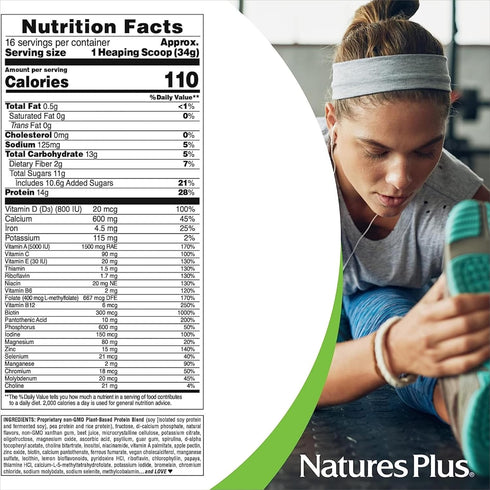 NaturesPlus SPIRU-TEIN Plant-Based Protein Shake, Strawberry - 1.2 lb, Non-GMO, Vegetarian, Gluten Free - 16 Servings