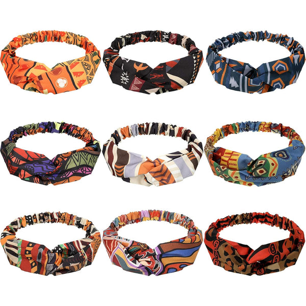 Syhood 9 Pcs African Headbands for Black Women, Boho Print Turban Twist Knot Elastic Hair Bands for Sports