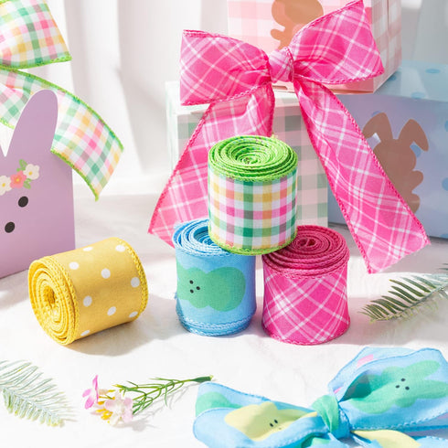4PCS Easter Spring Pastel Wired Ribbon Rolls, Decorative Ribbons for Gift Wrapping and DIY Craft Decor