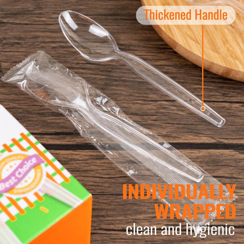 Disposable Clear Plastic Spoons, Pack of 50 Individually Wrapped
