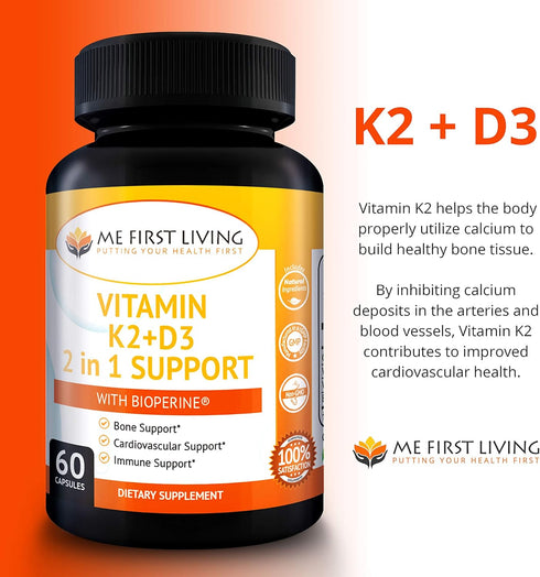 Me First Living Vitamin K2 (MK7) with D3 Supplement - 125 MCG Vitamin D3 & 100 MCG Vitamin K2 MK-7 for Bone & Heart