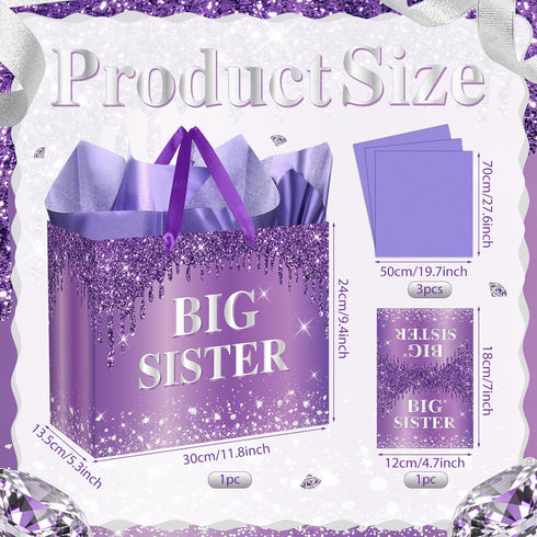Set 11.8" Purple Big Sister Gift Bag for Girls, Glitters Drip Older Sister Gift Bag with Greeting Card and Tissue Paper