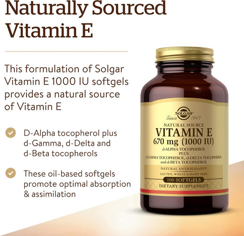 Solgar Vitamin E 670 mg (1000 IU), 100 Mixed Softgels - Natural Antioxidant for Skin & Immune System Support - Gluten /