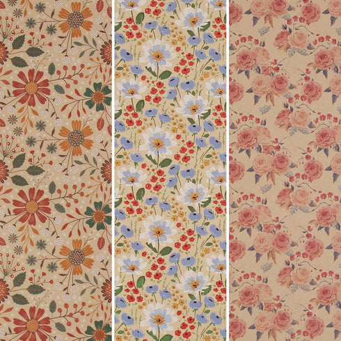 Aimyoo Kraft Floral Wrapping Paper Bundle, Vintage Spring Flowers Rose Gift Wrap Paper for Wedding Bridal Shower Birthday, 3 Rolls 17 in x 16 ft per Roll