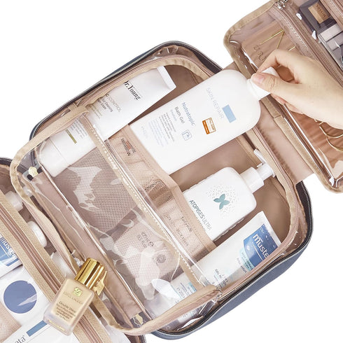 NISHEL Travel Toiletry Bag - Portable Hanging Organizer for Full-Sized Shampoo, Conditioner, Aegean-Blue