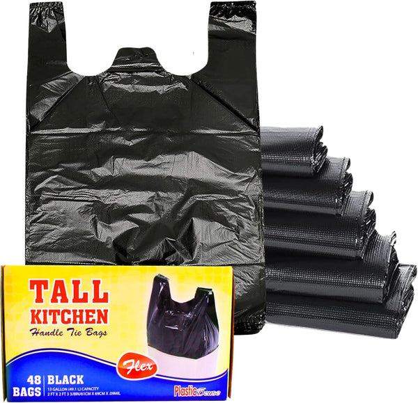 HANDLE TIE FLEX BLACK TALL KITCHEN TRASH BAGS, 13 GALLON, 48 CT