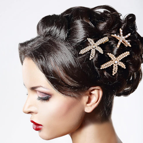 PAGOW 3 PCS Starfish Hair Clips - Gold Rhinestone Pearls Crystal Hair Accessories for Women